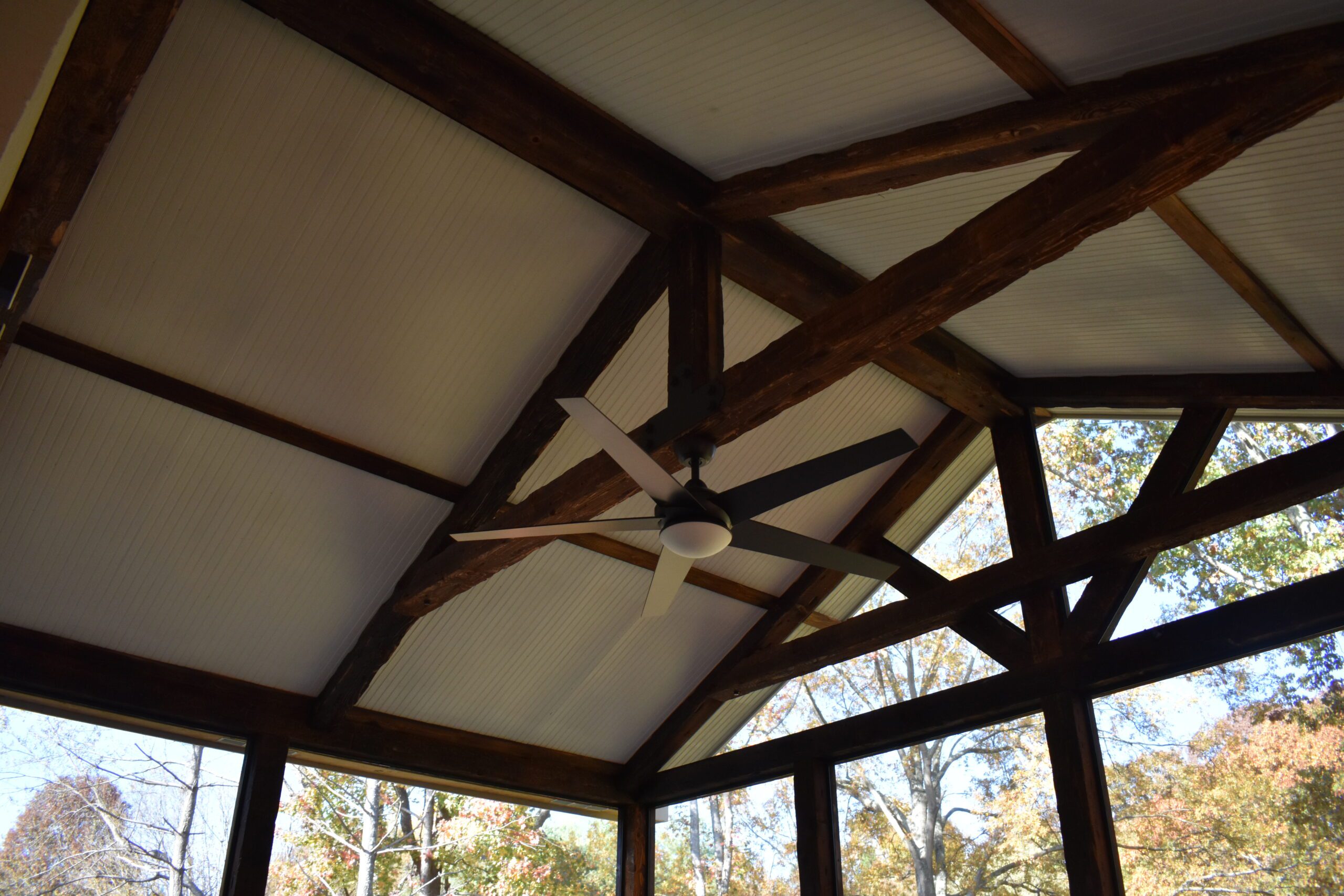 Tongue-and-groove wood ceiling on a covered deck in East Tennessee